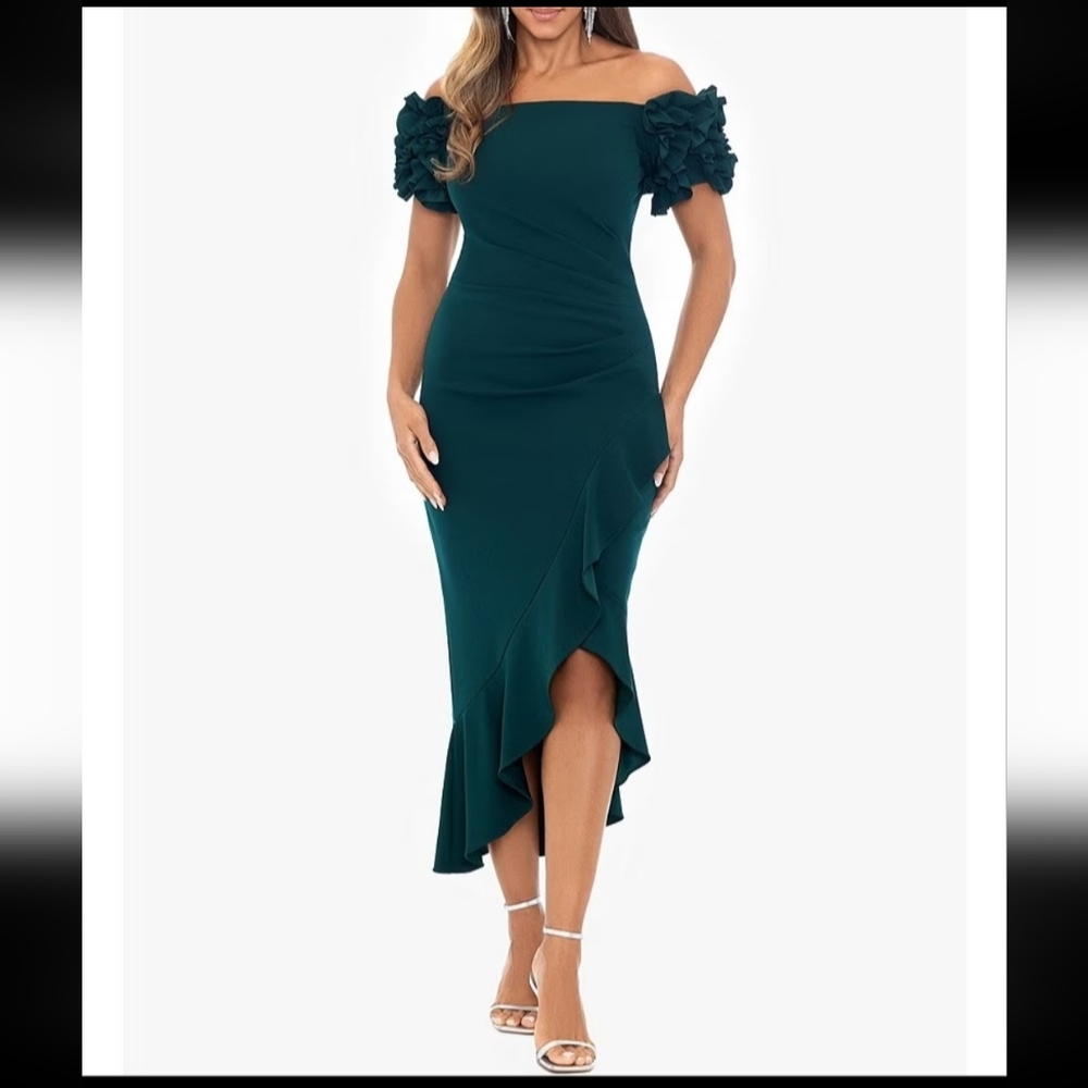 Xscape Ruffle Sleeve Off-the-shoulder Asymmetrical Cocktail Dress